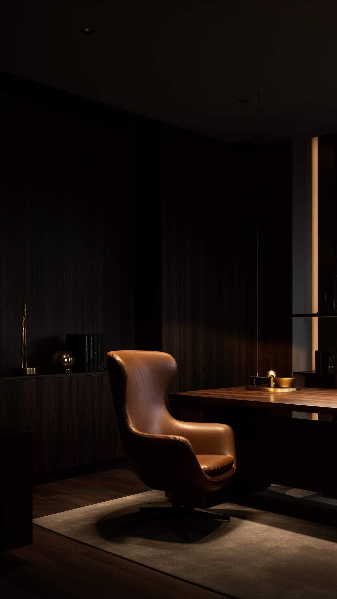A quiet executive study at dusk — sculptural chair, walnut desk, low warm light.