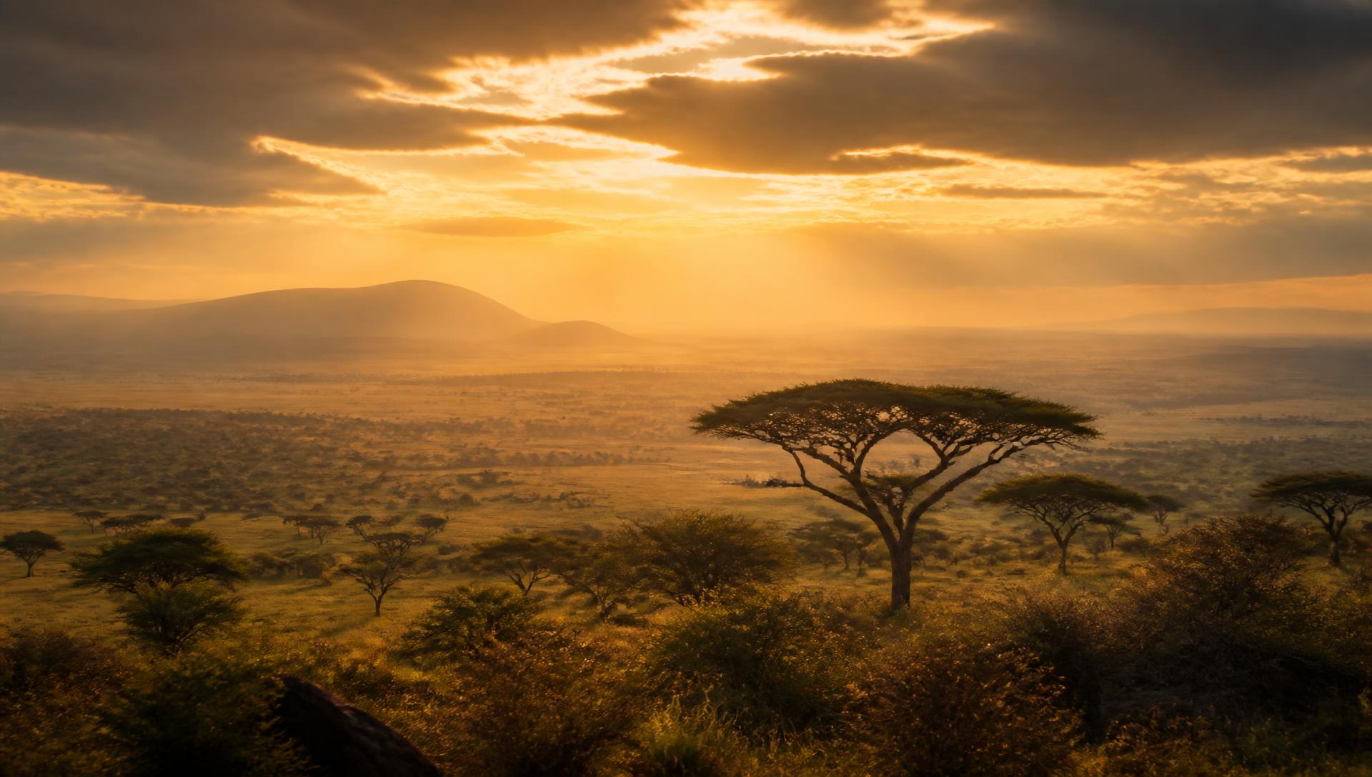 Golden African savanna at sunset with acacia trees and distant hills.