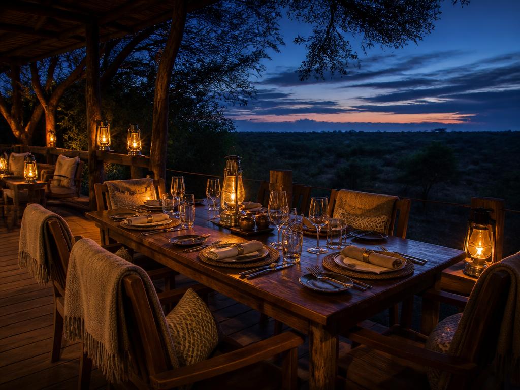 A lantern-lit safari deck at twilight, prepared for a leadership team retreat.